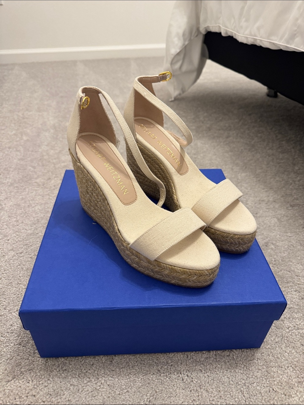 Stuart Weitzman Gala Lift Neutral Canvas Espadrille Wedge Sandals